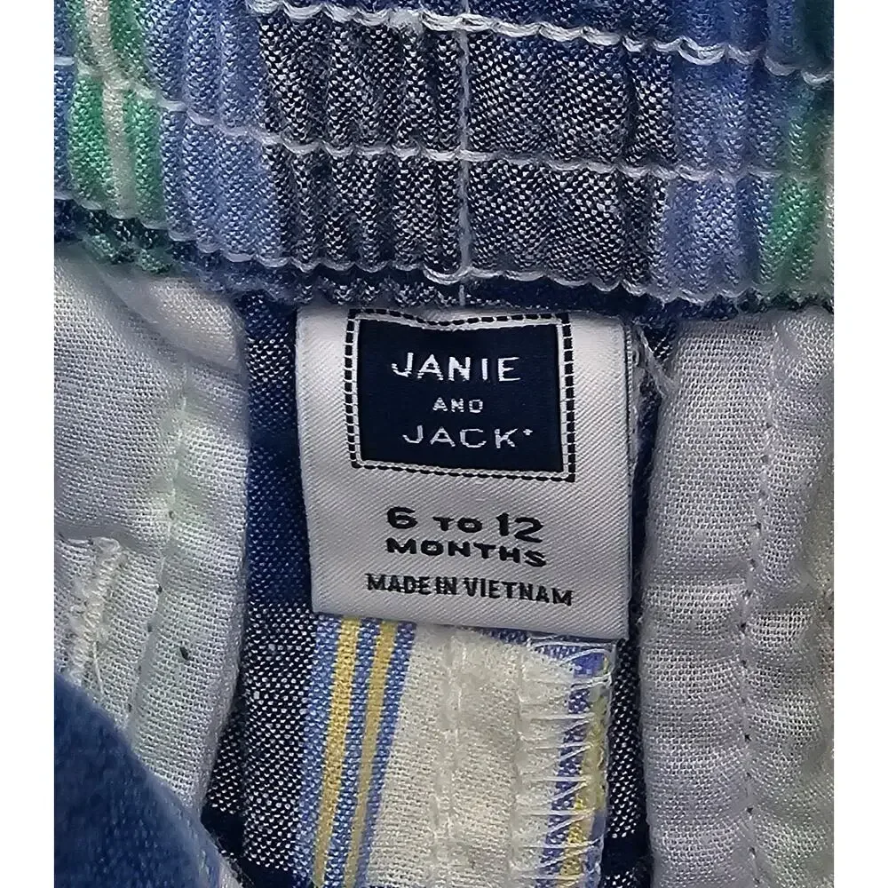 Janie and Jack Boys Size 6-12M Blue and Gray Plaid T-Shirt and Shorts Outfit